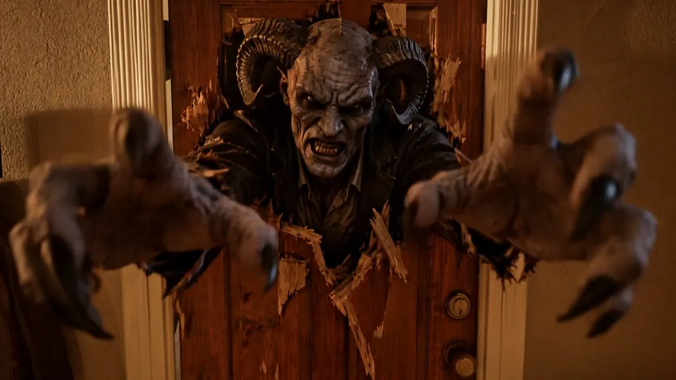 A ram-horned demon tears through the front door with clawed hands