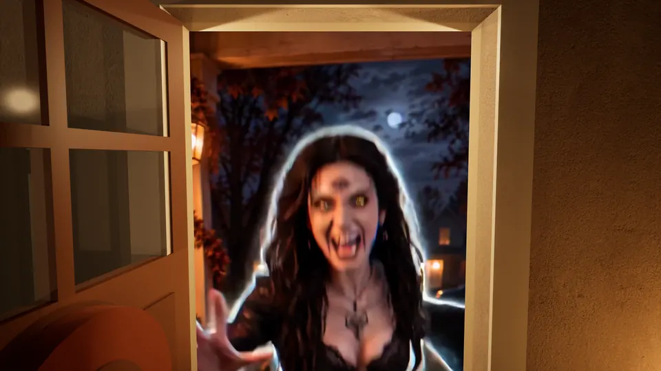 The same woman lunges at the camera with glowing eyes and bared teeth