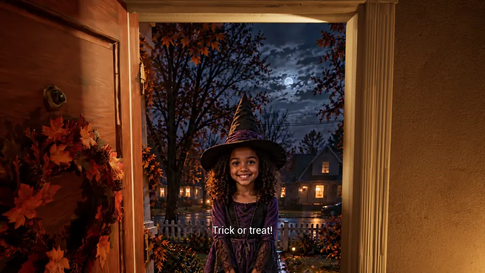 A smiling girl in a witch costume on the porch, saying trick or treat