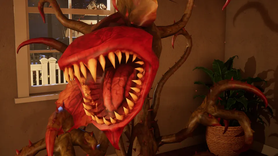 A giant red flower with rows of teeth fills the living room window