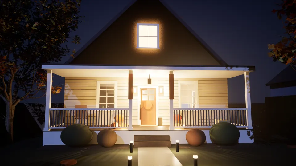 A white two-story house at night with a lit porch, pumpkins on the steps and path lights down the front walk