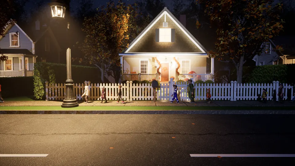 Trick-or-treaters walk along the picket fence in front of a lit house across the street