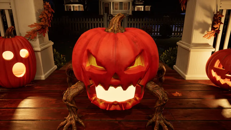 A jack-o'-lantern on root legs snaps its glowing jaws on the porch