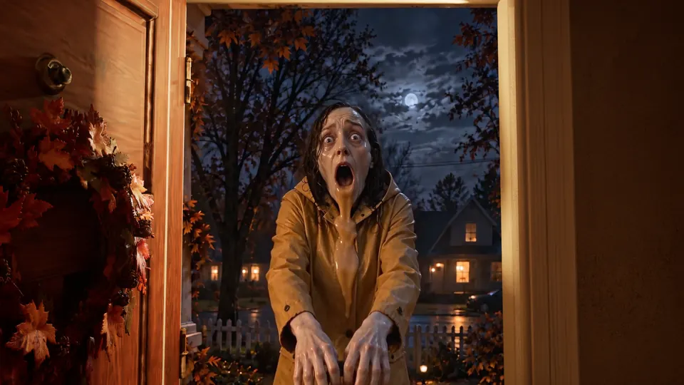 A woman in a yellow raincoat at the door, her face melting