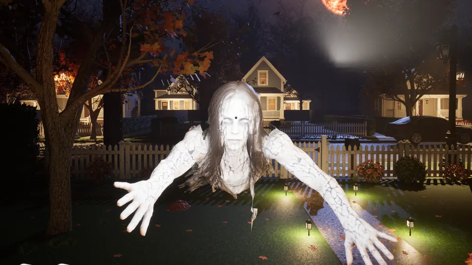 A pale ghost woman crawls up the front walk toward the camera